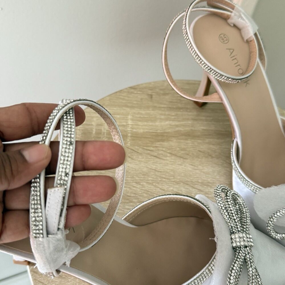 Pointed Toe Satin Wedding Shoes for Bride White High Heels Rhinestones Size 9.5 - Picture 12 of 16
